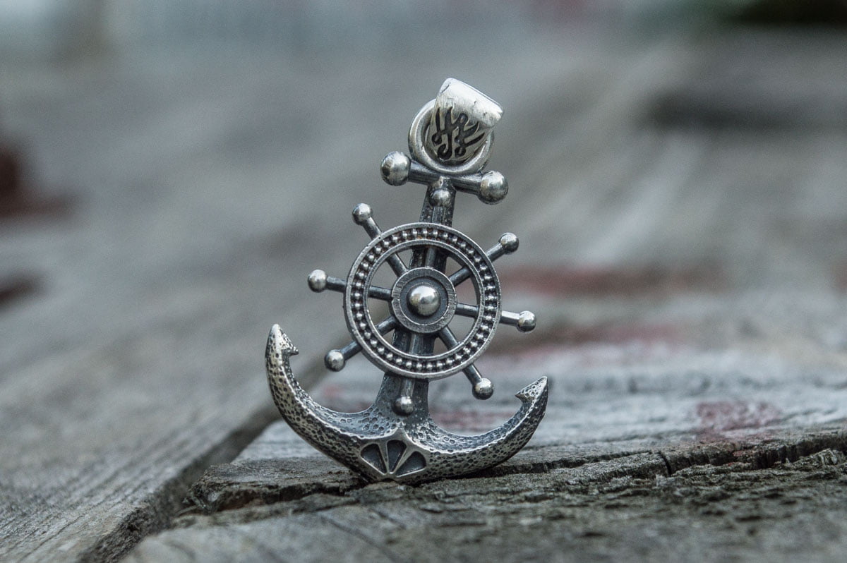 Anchor Symbol with Ship Steering Wheel Pendant Sterling Silver Handmade Jewelry - vikingworkshop