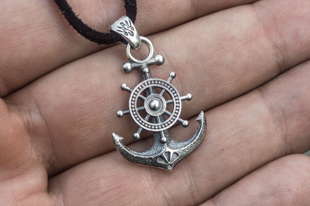 Anchor Symbol with Ship Steering Wheel Pendant Sterling Silver Handmade Jewelry - vikingworkshop
