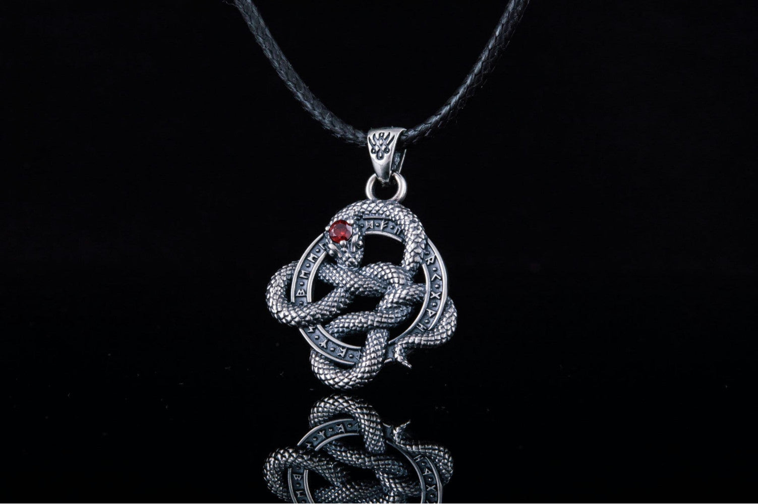 Snake Pendant with Runes and Red Cubic Zirconia Sterling Silver Norse Jewelry - vikingworkshop