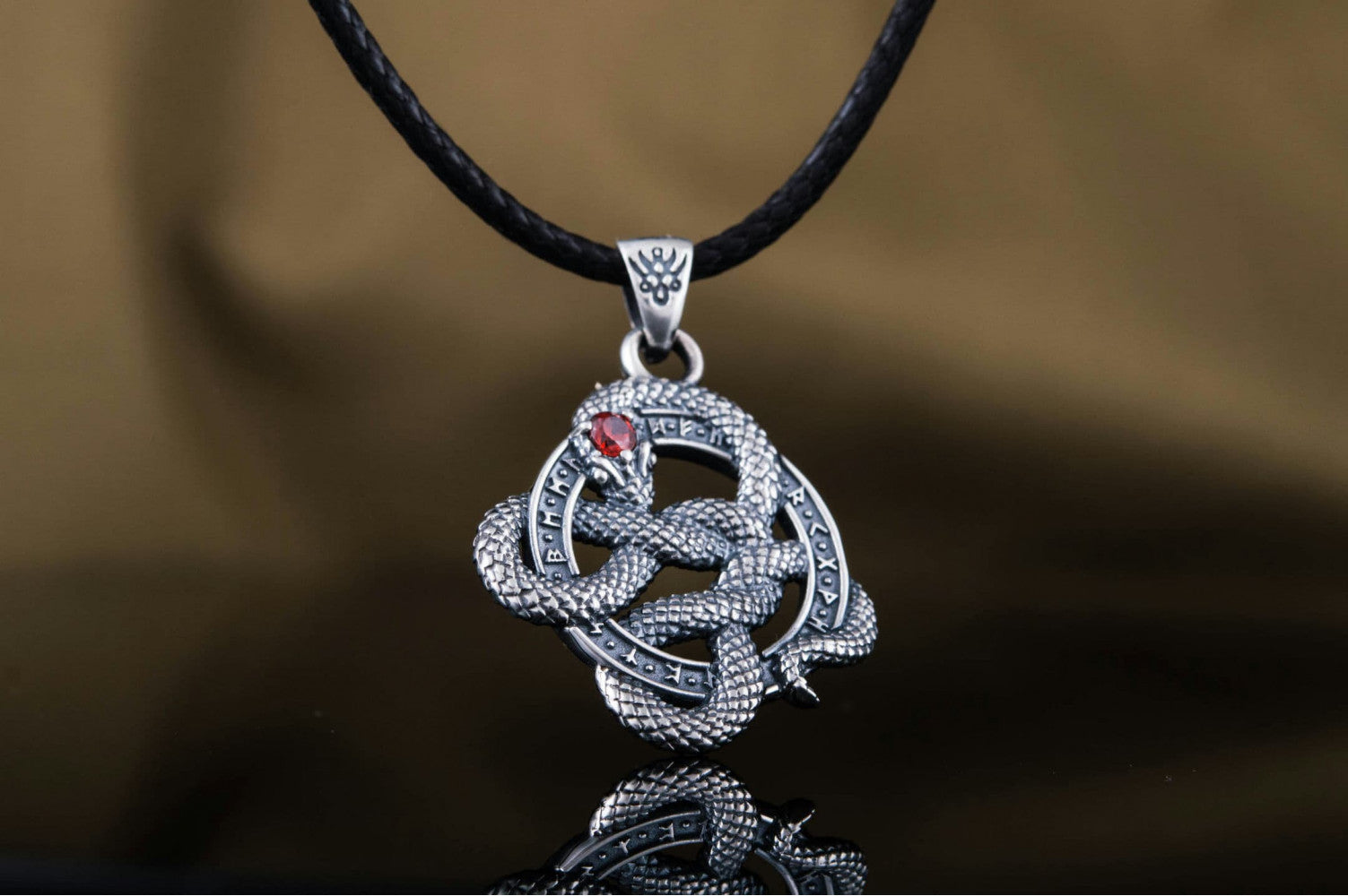 Snake Pendant with Runes and Red Cubic Zirconia Sterling Silver Norse Jewelry - vikingworkshop