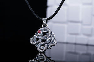 Snake Pendant with Runes and Red Cubic Zirconia Sterling Silver Norse Jewelry - vikingworkshop