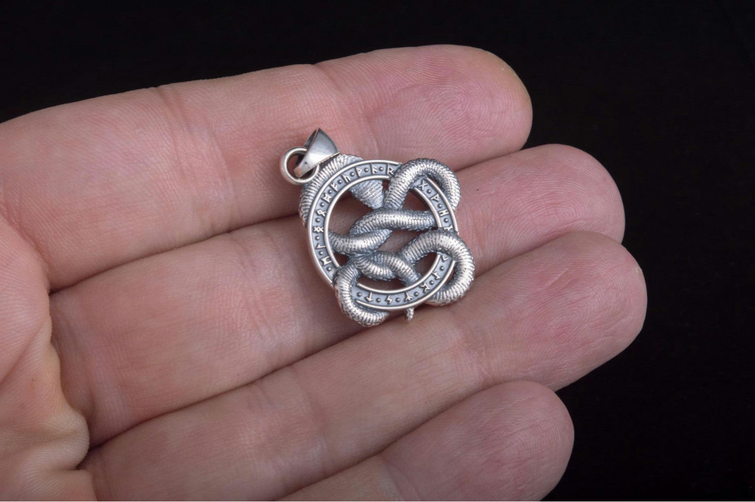 Snake Pendant with Runes and Red Cubic Zirconia Sterling Silver Norse Jewelry - vikingworkshop