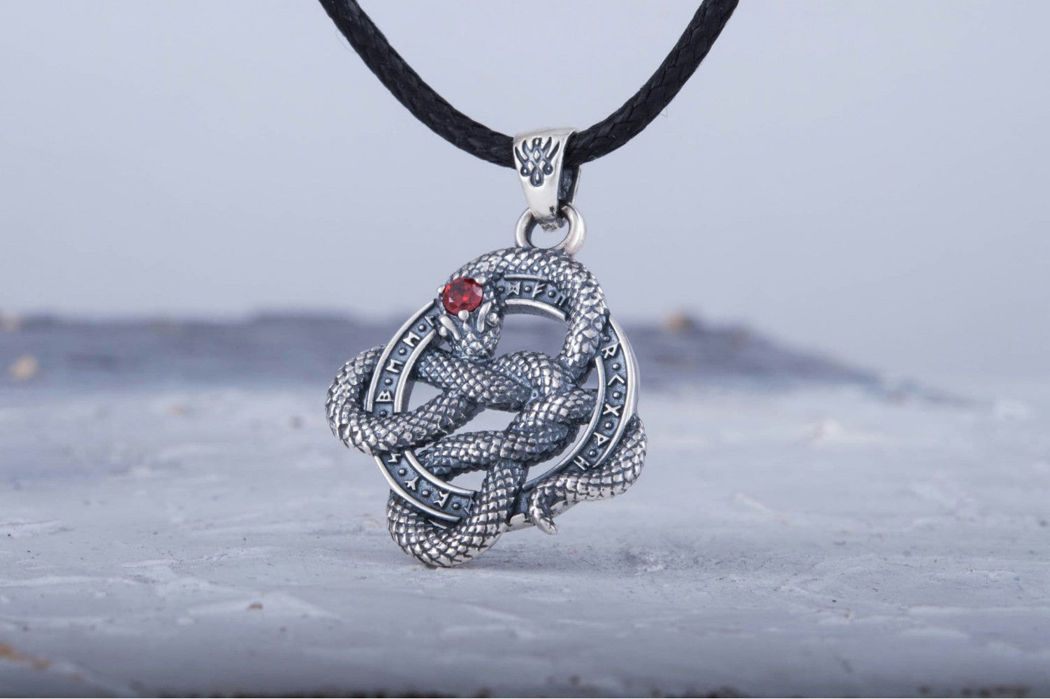 Snake Pendant with Runes and Red Cubic Zirconia Sterling Silver Norse Jewelry - vikingworkshop