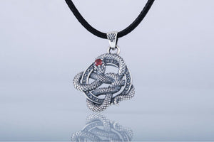 Snake Pendant with Runes and Red Cubic Zirconia Sterling Silver Norse Jewelry - vikingworkshop