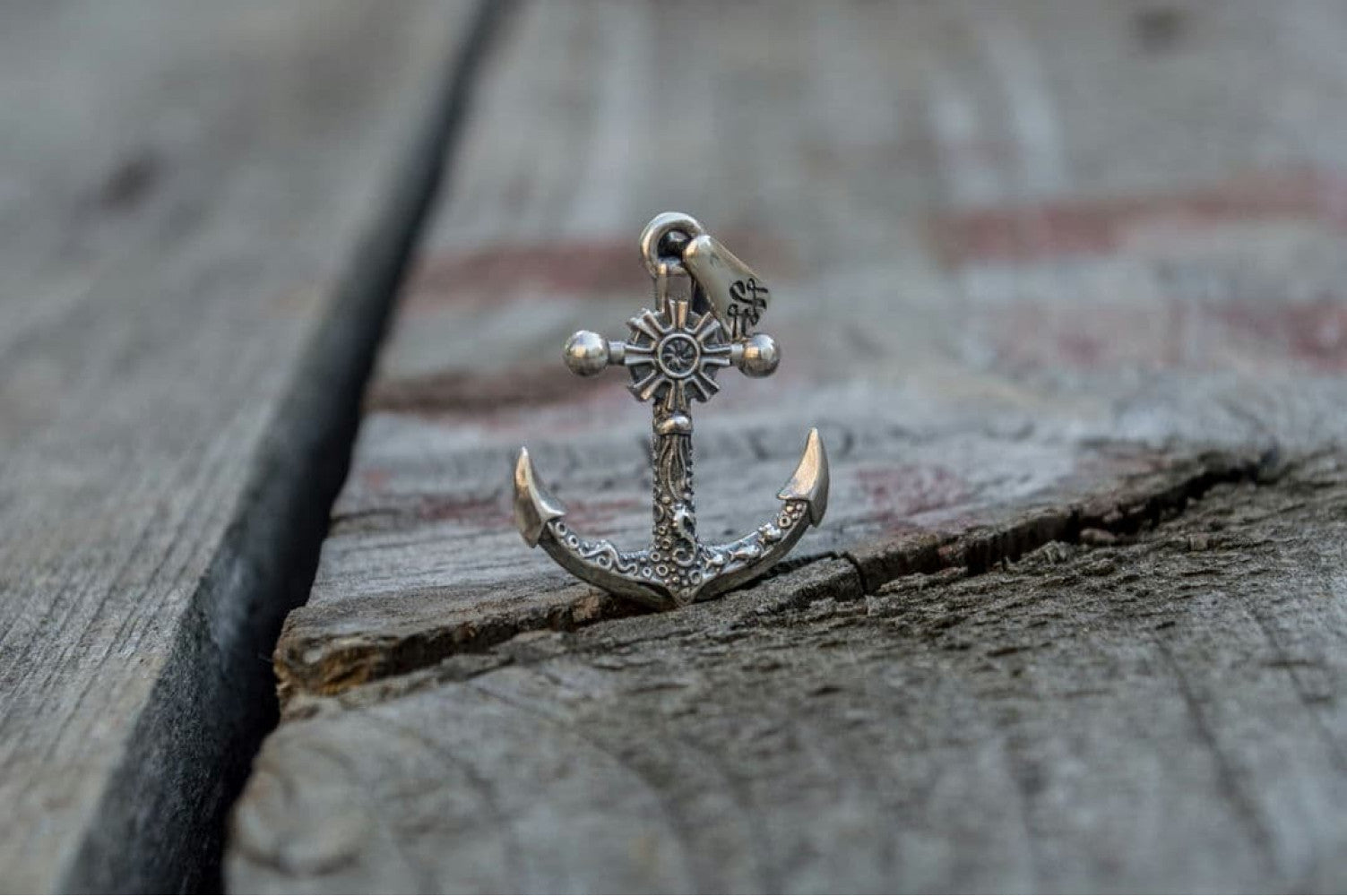 Big Anchor Symbol with Ship Steering Wheel Pendant Sterling Silver Norse Jewelry - vikingworkshop