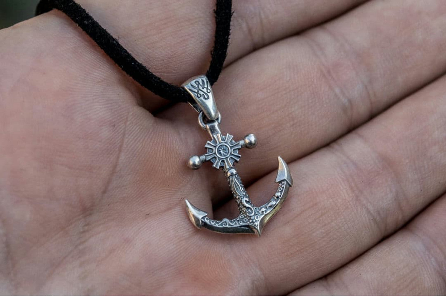 Big Anchor Symbol with Ship Steering Wheel Pendant Sterling Silver Norse Jewelry - vikingworkshop