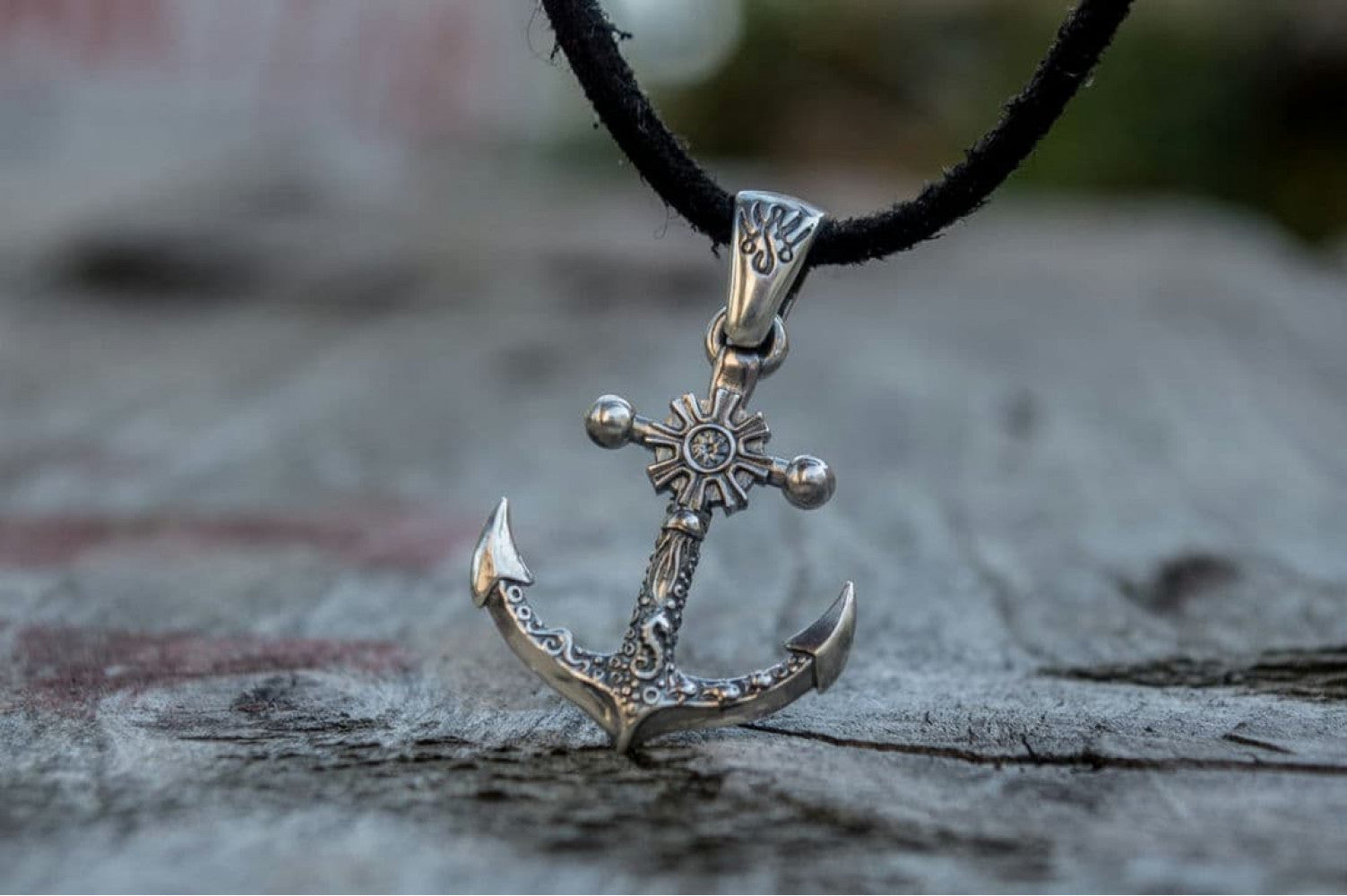 Big Anchor Symbol with Ship Steering Wheel Pendant Sterling Silver Norse Jewelry - vikingworkshop