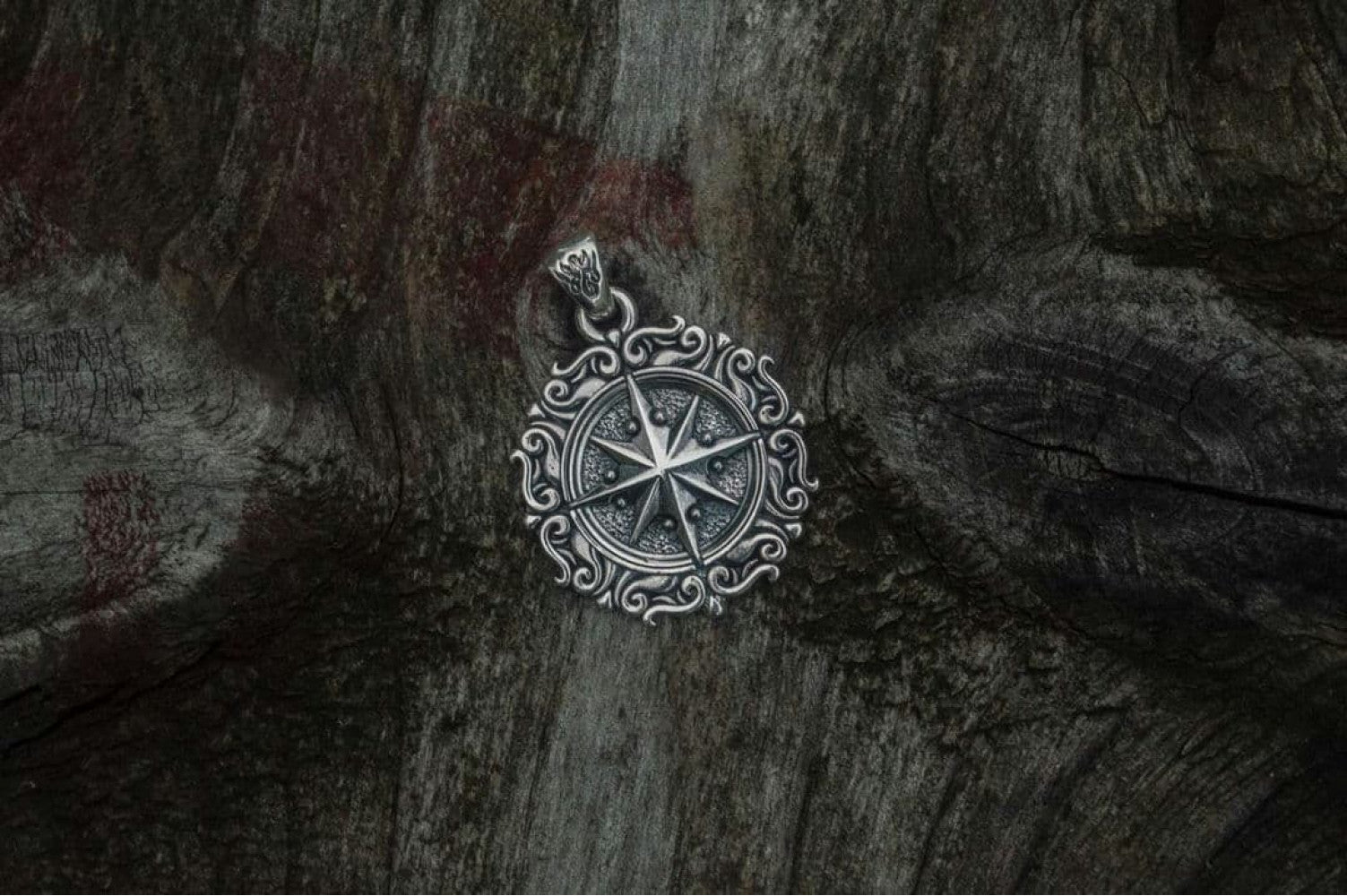 Compass Pendant with Ornament Sterling Silver Jewelry - vikingworkshop