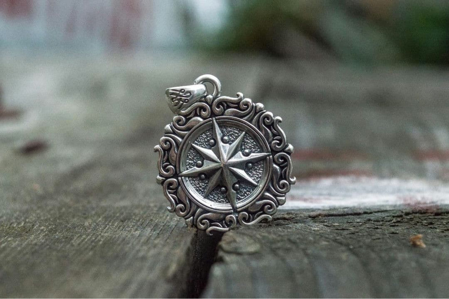 Compass Pendant with Ornament Sterling Silver Jewelry - vikingworkshop