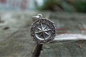 Compass Pendant with Ornament Sterling Silver Jewelry - vikingworkshop