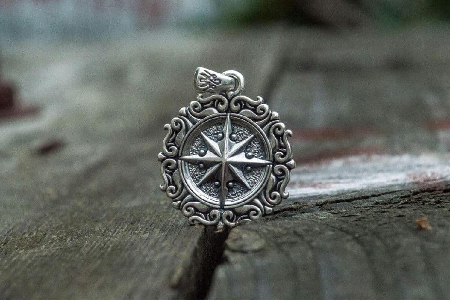 Compass Pendant with Ornament Sterling Silver Jewelry - vikingworkshop