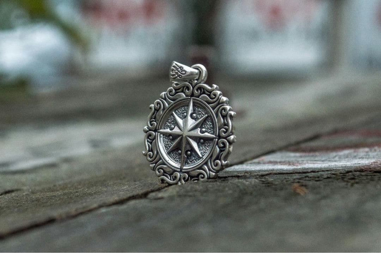 Compass Pendant with Ornament Sterling Silver Jewelry - vikingworkshop