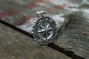 Compass Pendant with Ornament Sterling Silver Jewelry - vikingworkshop