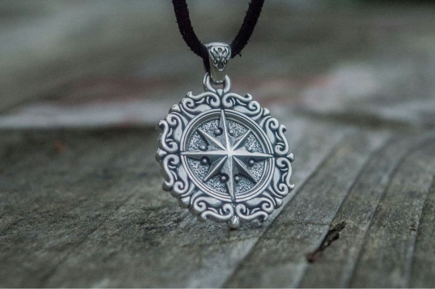 Compass Pendant with Ornament Sterling Silver Jewelry - vikingworkshop