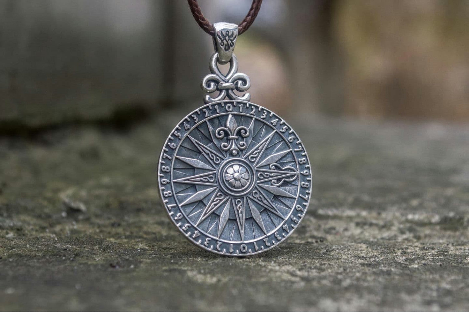 Compass with Numerical Digit Pendant Sterling Silver Viking Jewelry - vikingworkshop