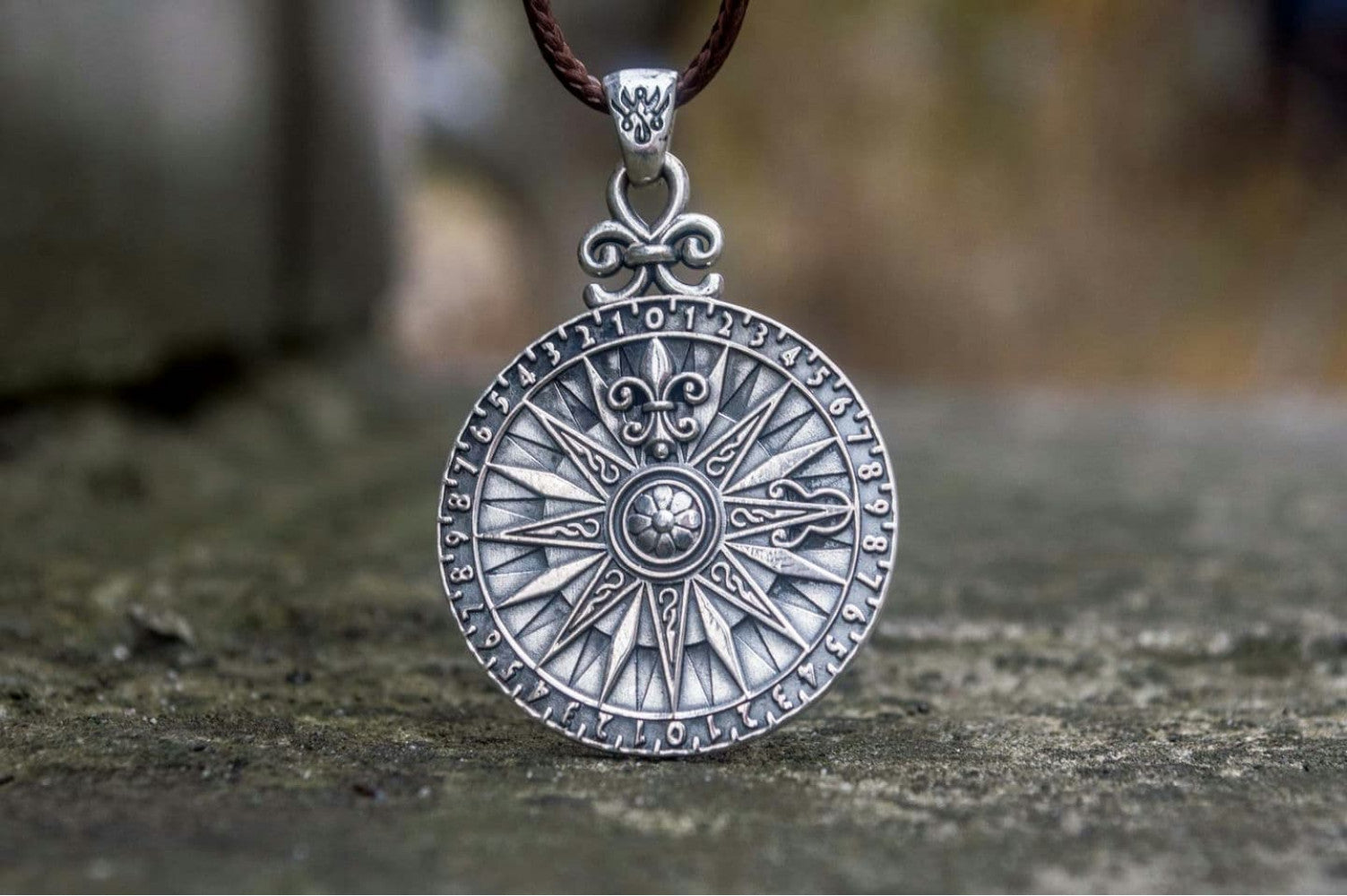 Compass with Numerical Digit Pendant Sterling Silver Viking Jewelry - vikingworkshop