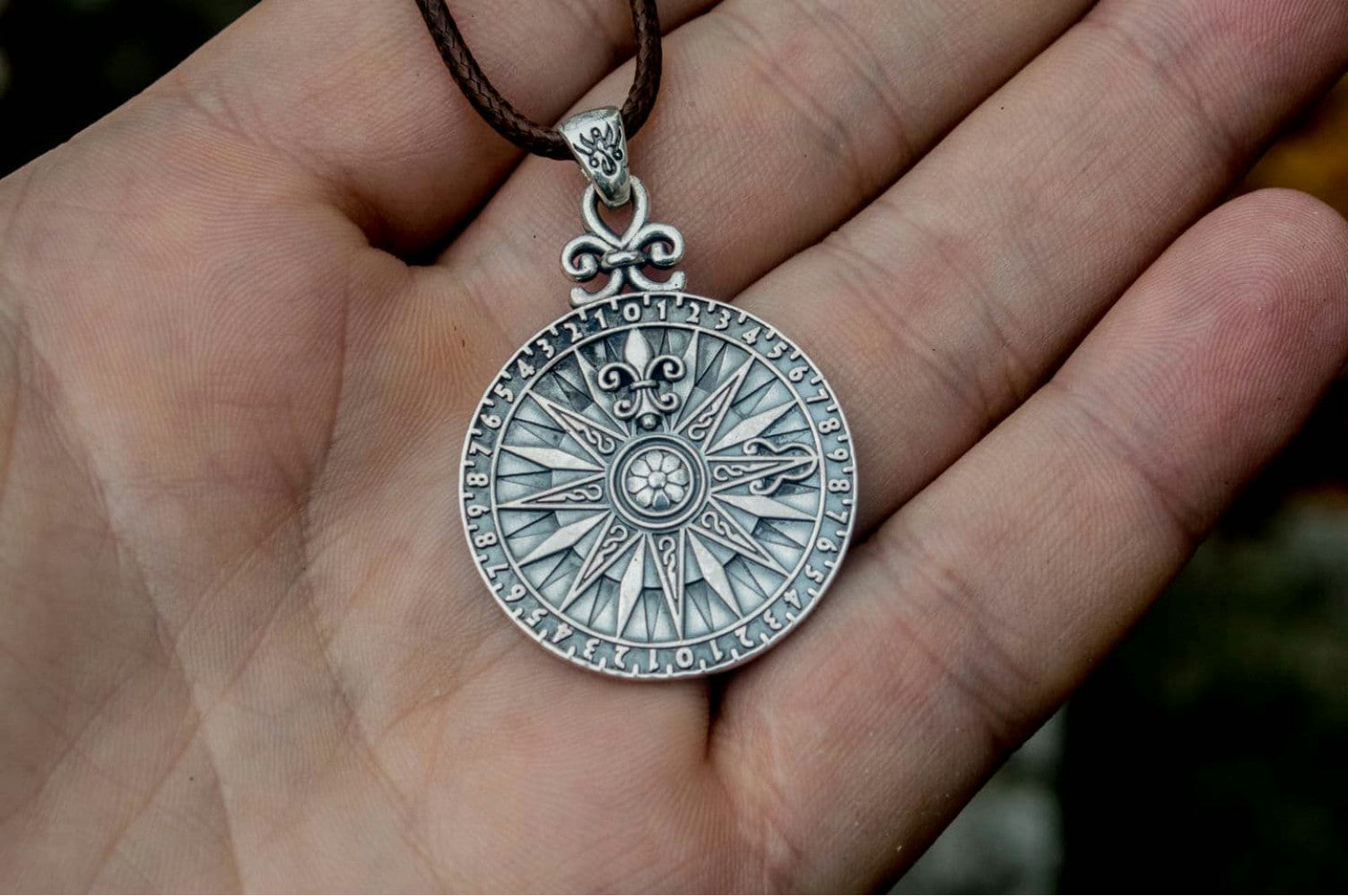 Compass with Numerical Digit Pendant Sterling Silver Viking Jewelry - vikingworkshop