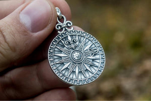 Compass with Numerical Digit Pendant Sterling Silver Viking Jewelry - vikingworkshop