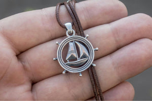 Handweel Pendant with Ship Sterling Silver Unique Handmade Jewelry - vikingworkshop