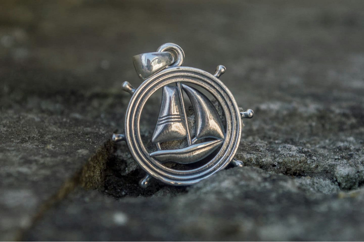 Handweel Pendant with Ship Sterling Silver Unique Handmade Jewelry - vikingworkshop