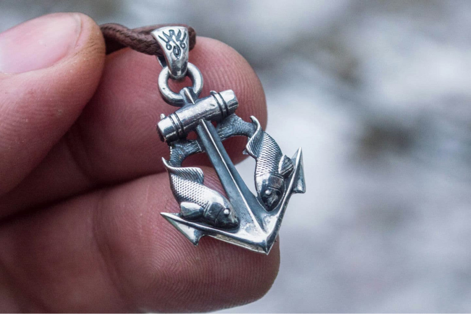 Anchor with Fish Pendant Sterling Silver Unique Handmade Jewelry - vikingworkshop