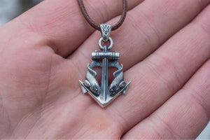 Anchor with Fish Pendant Sterling Silver Unique Handmade Jewelry - vikingworkshop