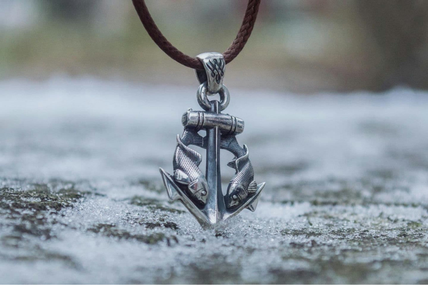 Anchor with Fish Pendant Sterling Silver Unique Handmade Jewelry - vikingworkshop