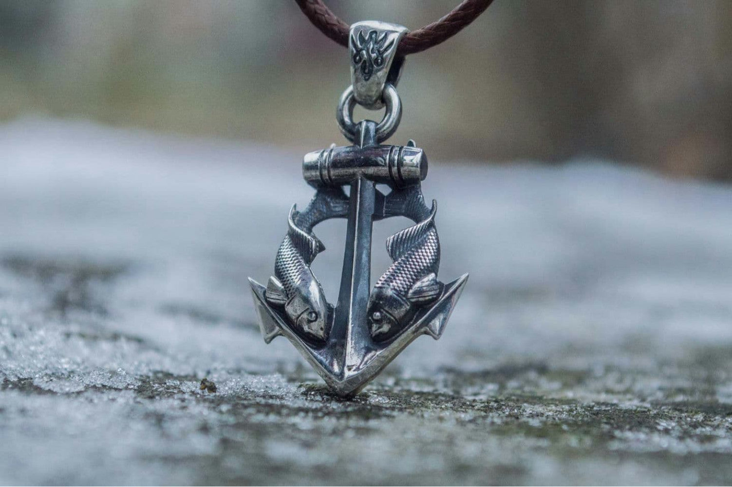 Anchor with Fish Pendant Sterling Silver Unique Handmade Jewelry - vikingworkshop