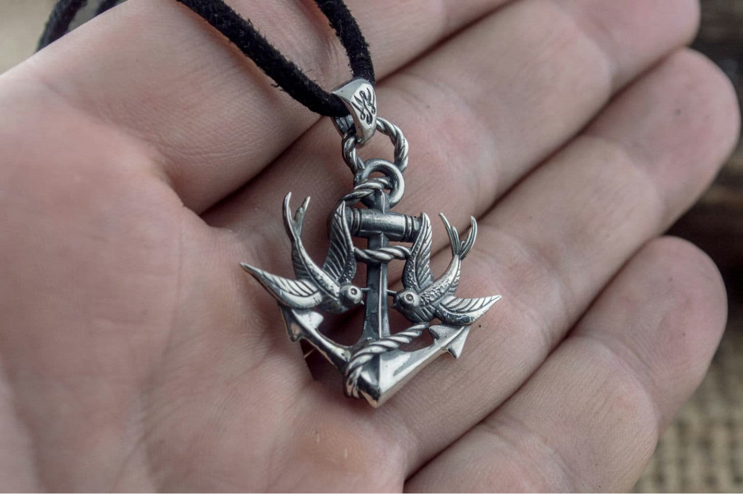 Anchor with Birds Pendant Sterling Silver Unique Handmade Jewelry - vikingworkshop