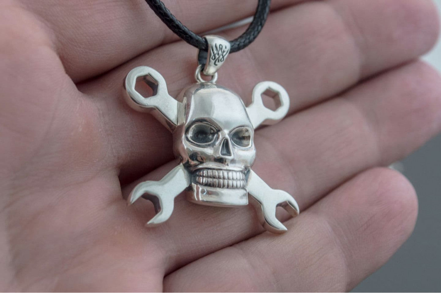 Skull with Wrench Pendant Sterling Silver Biker Jewelry - vikingworkshop