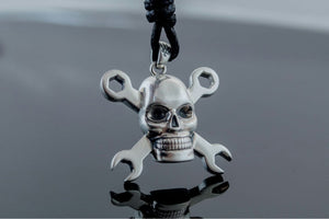 Skull with Wrench Pendant Sterling Silver Biker Jewelry - vikingworkshop
