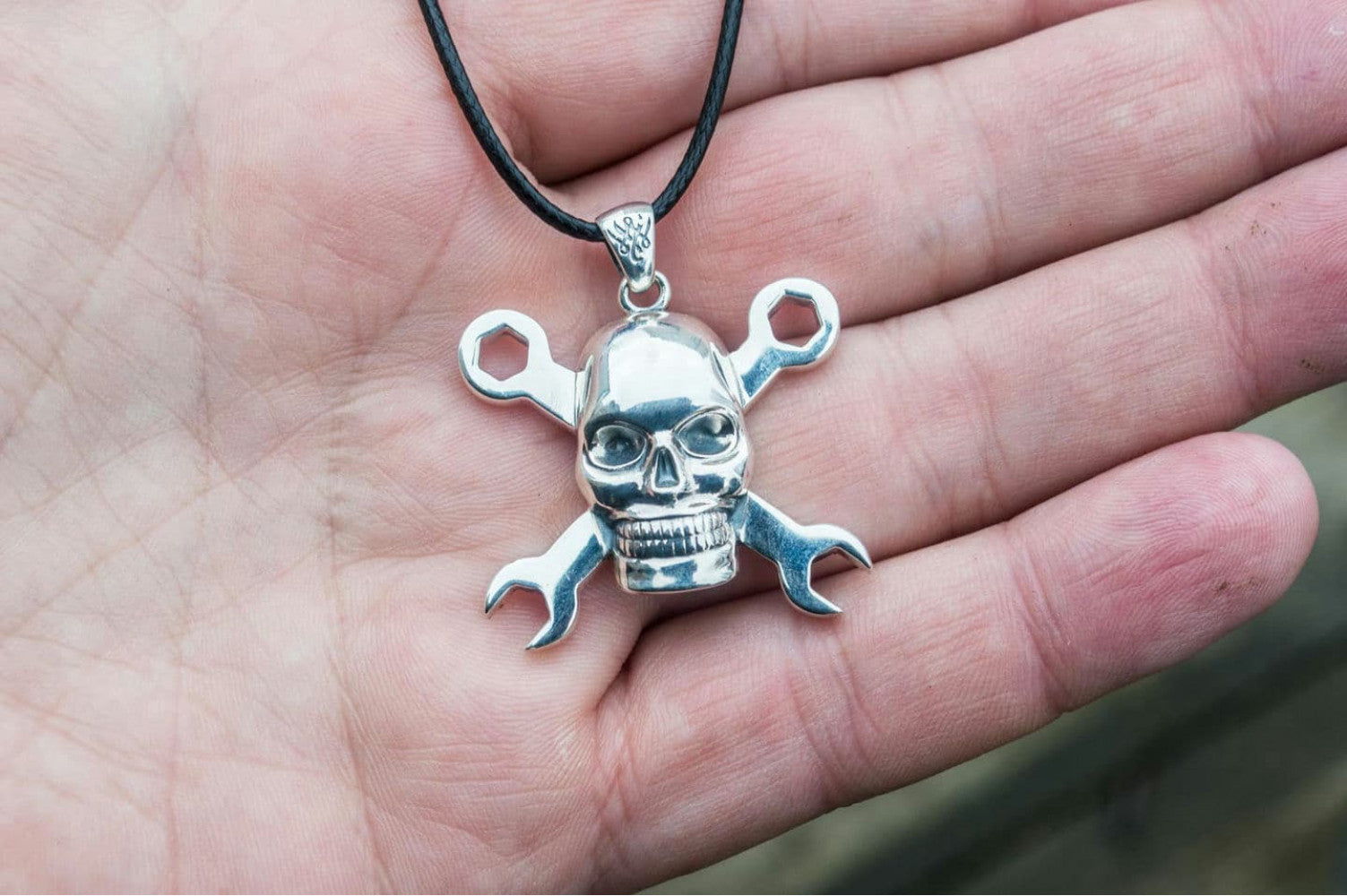 Skull with Wrench Pendant Sterling Silver Biker Jewelry - vikingworkshop