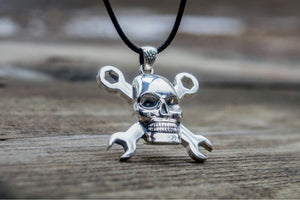 Skull with Wrench Pendant Sterling Silver Biker Jewelry - vikingworkshop