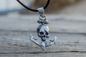 Anchor with Skull Pendant Sterling Silver Unique Handmade Jewelry - vikingworkshop