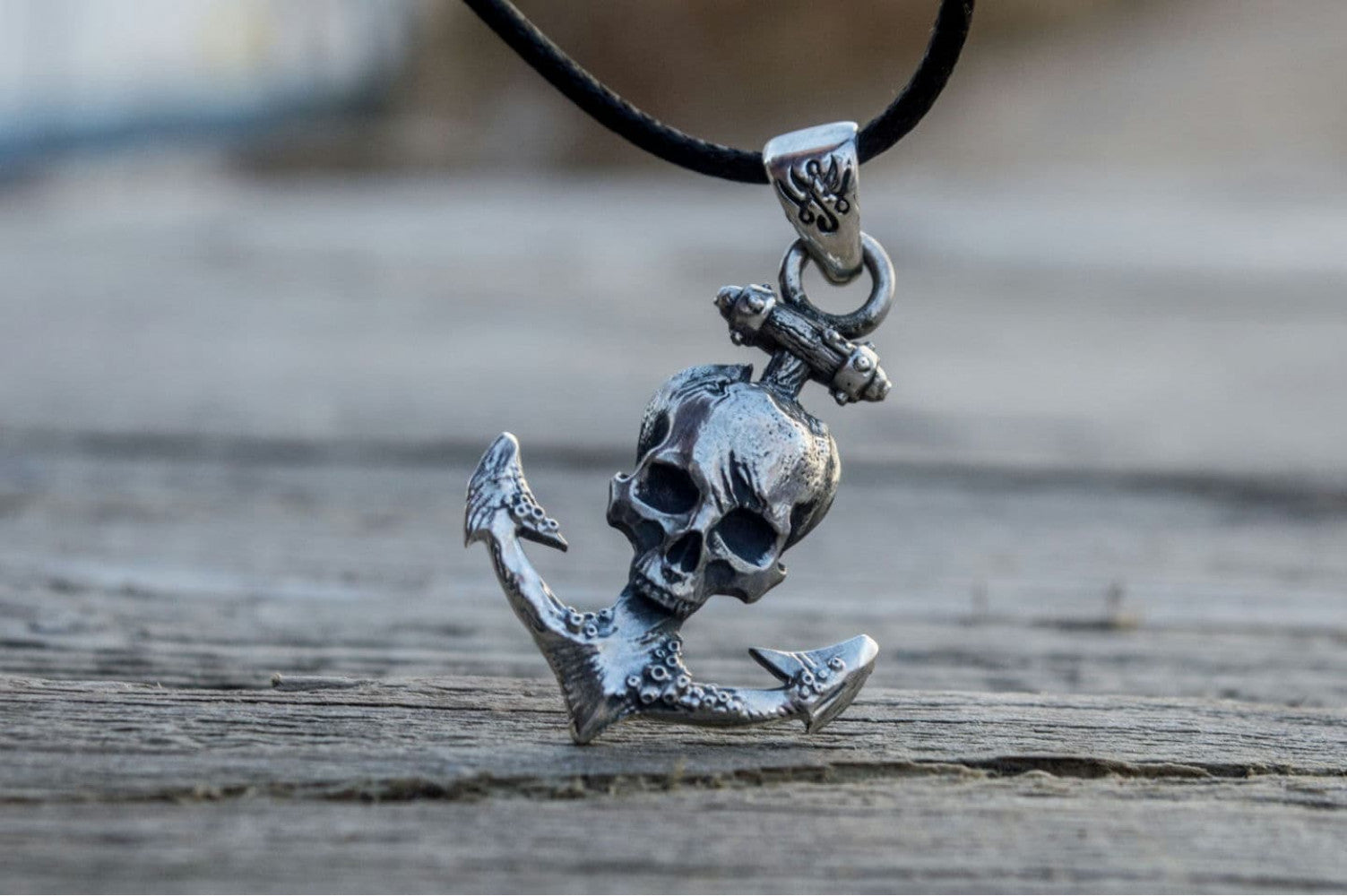 Anchor with Skull Pendant Sterling Silver Unique Handmade Jewelry - vikingworkshop