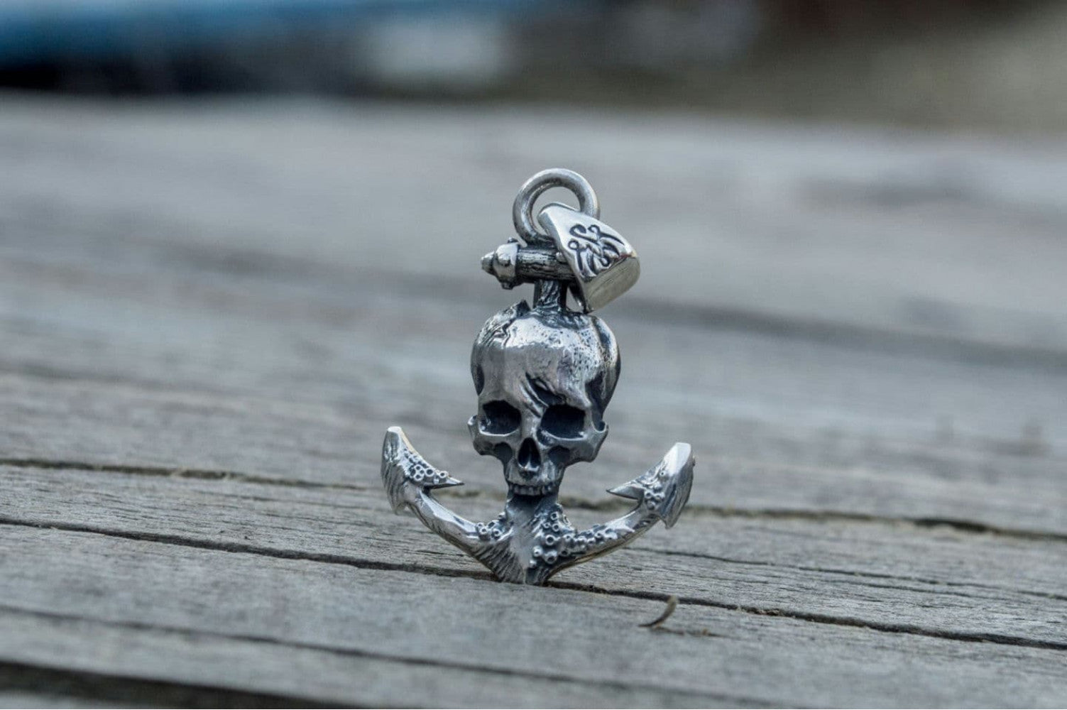 Anchor with Skull Pendant Sterling Silver Unique Handmade Jewelry - vikingworkshop