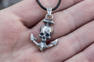 Anchor with Skull Pendant Sterling Silver Unique Handmade Jewelry - vikingworkshop