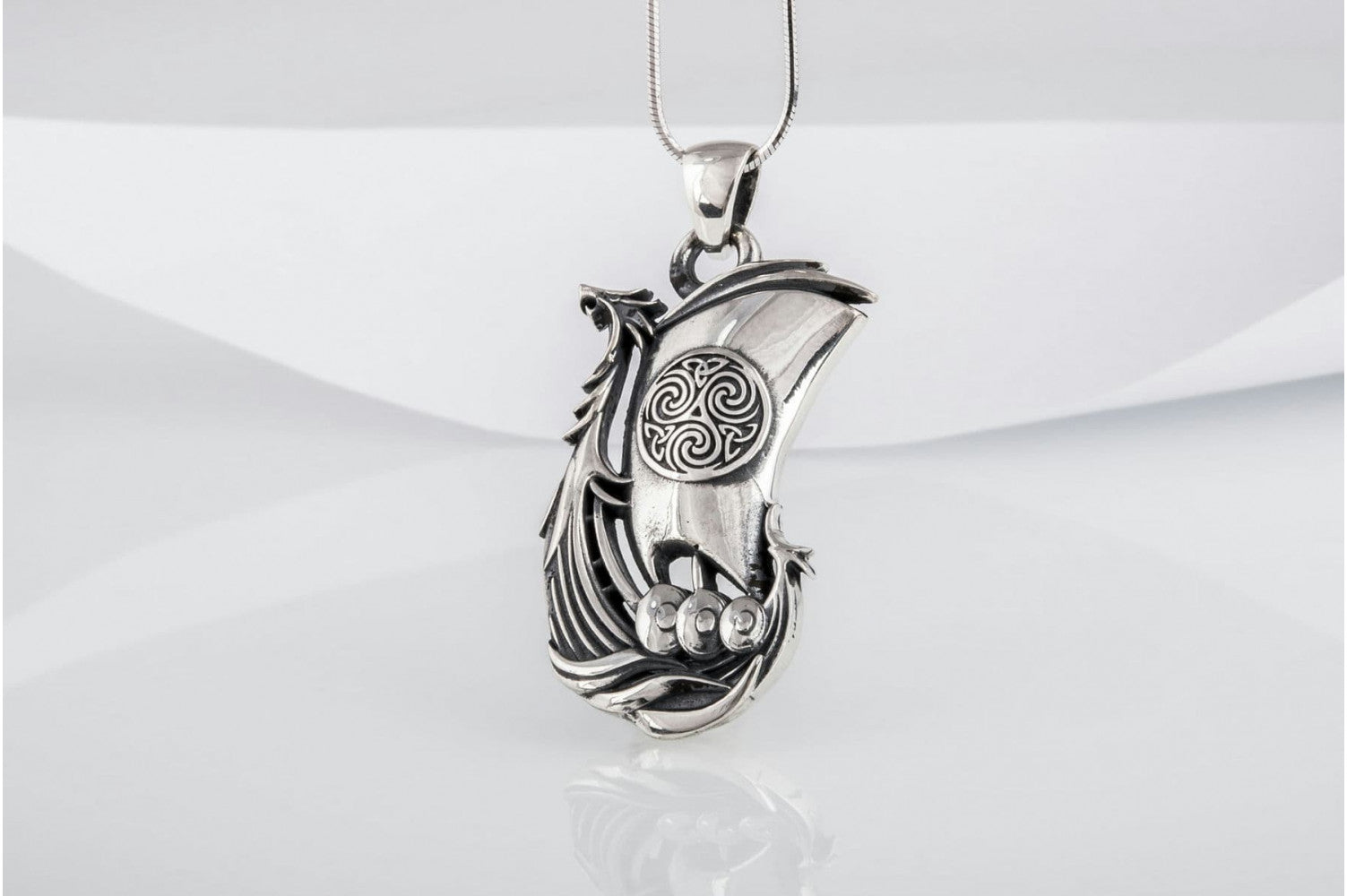 Drakkar Pendant with Norse Ornament Sterling Silver Handmade Jewelry - vikingworkshop