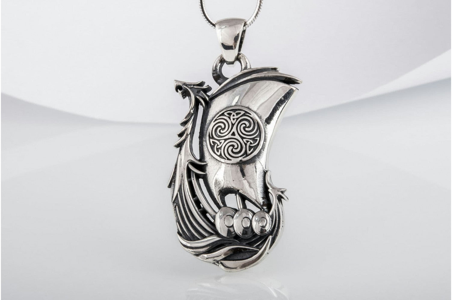 Drakkar Pendant with Norse Ornament Sterling Silver Handmade Jewelry - vikingworkshop