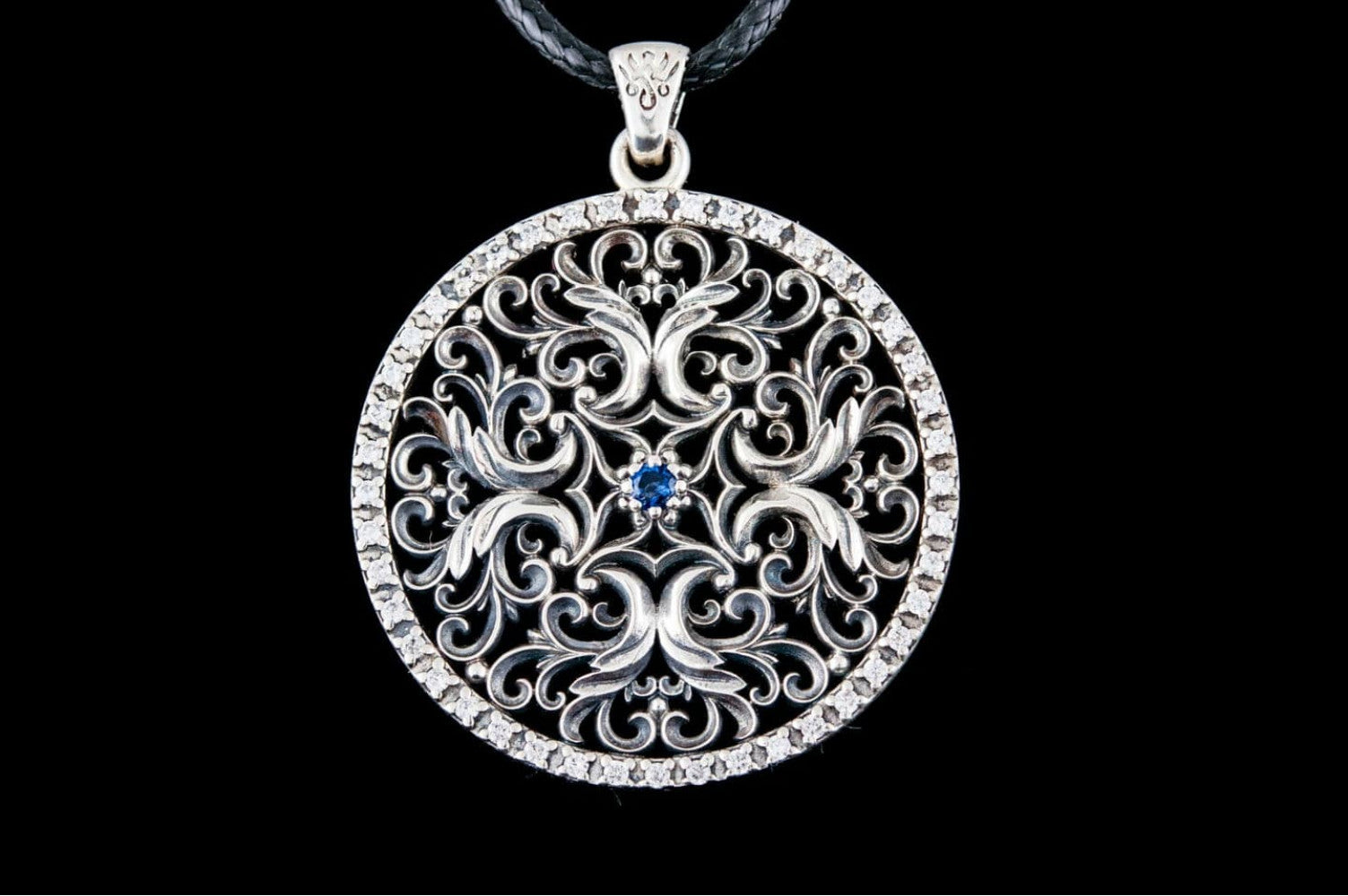 Flower Ornament Pendant with Cubic Zirconia Sterling Silver Jewelry - vikingworkshop