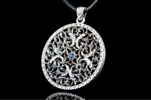 Flower Ornament Pendant with Cubic Zirconia Sterling Silver Jewelry - vikingworkshop