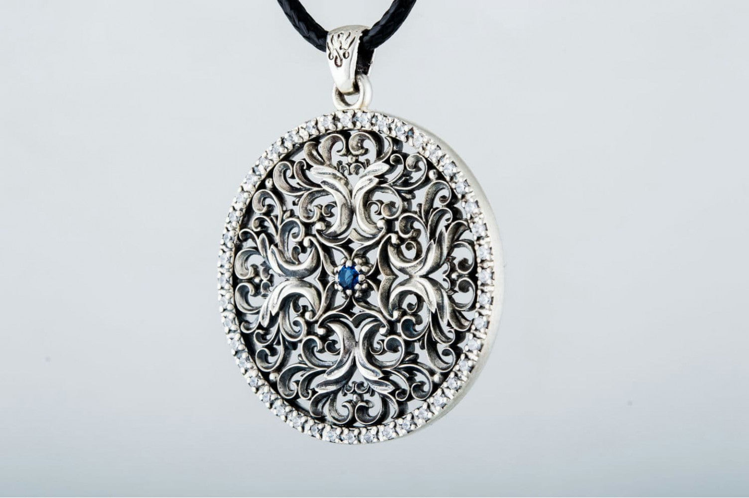 Flower Ornament Pendant with Cubic Zirconia Sterling Silver Jewelry - vikingworkshop