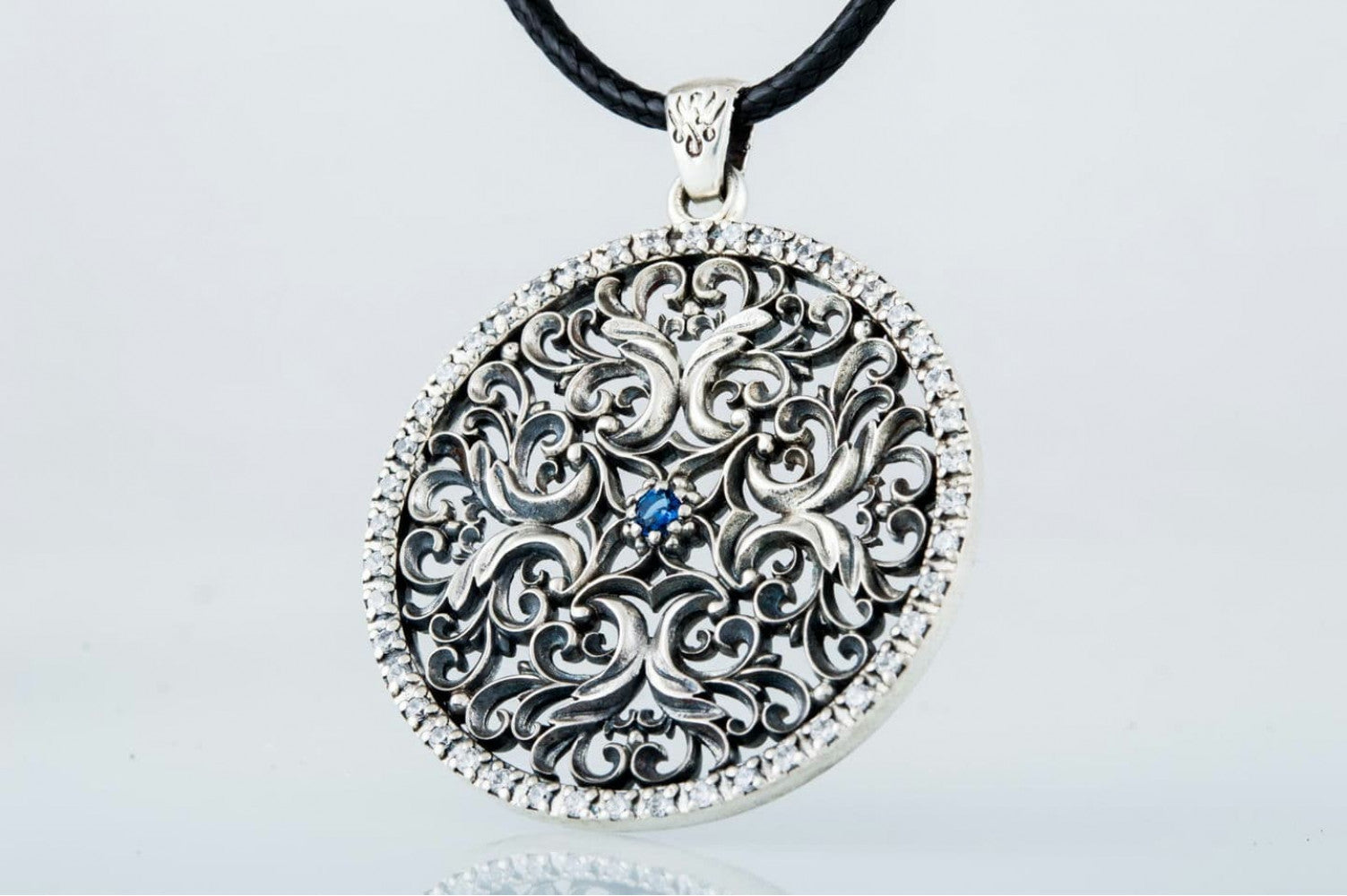 Flower Ornament Pendant with Cubic Zirconia Sterling Silver Jewelry - vikingworkshop