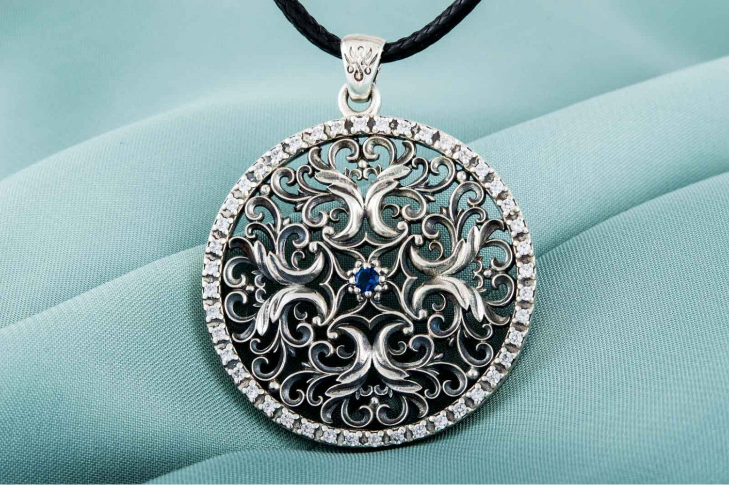 Flower Ornament Pendant with Cubic Zirconia Sterling Silver Jewelry - vikingworkshop