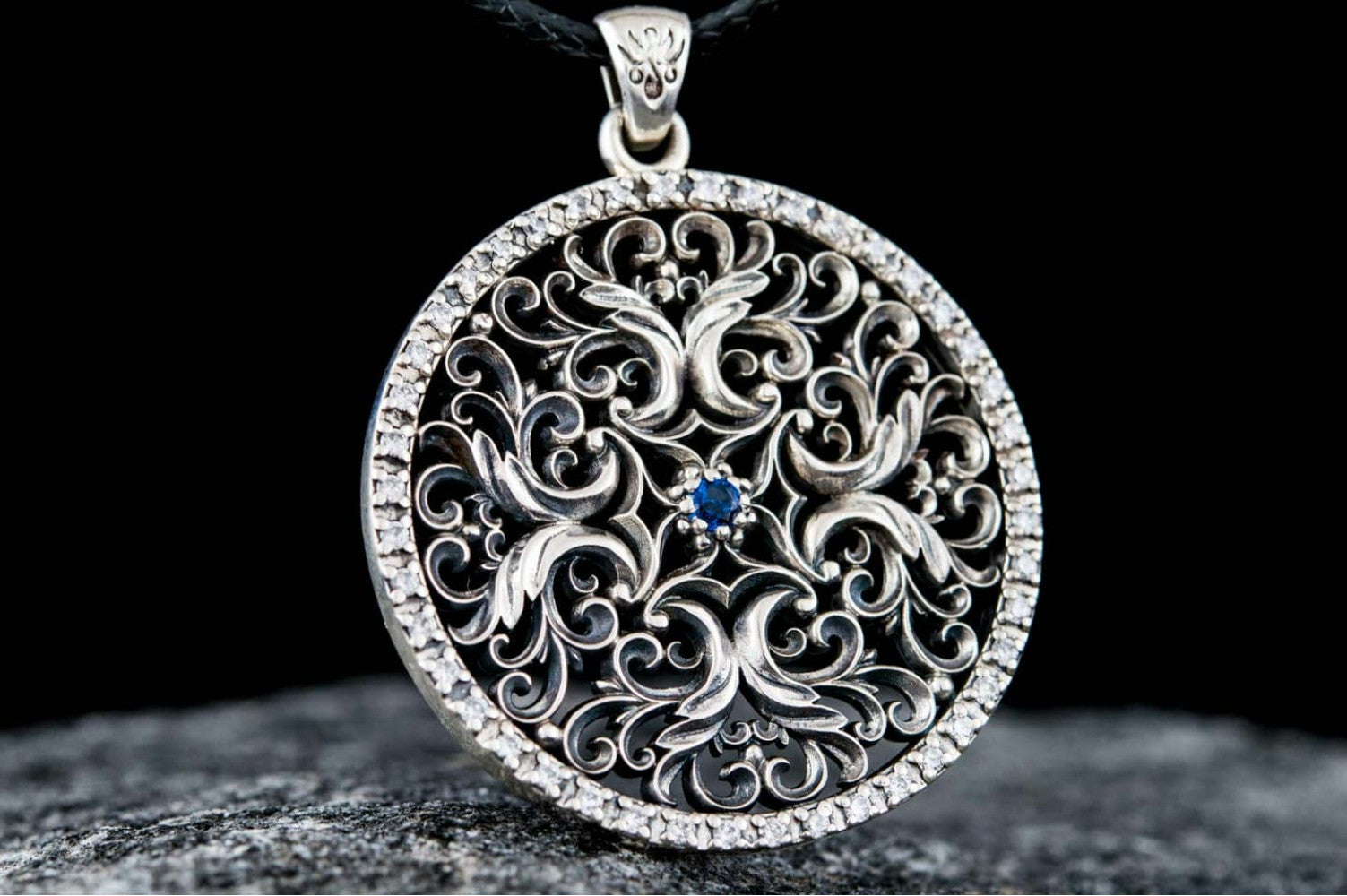 Flower Ornament Pendant with Cubic Zirconia Sterling Silver Jewelry - vikingworkshop