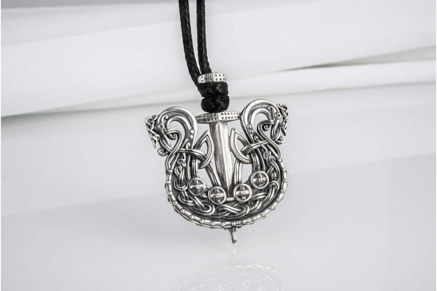 Unique Viking Drakkar with sword pendant, handmade sterling silver jewelry - vikingworkshop