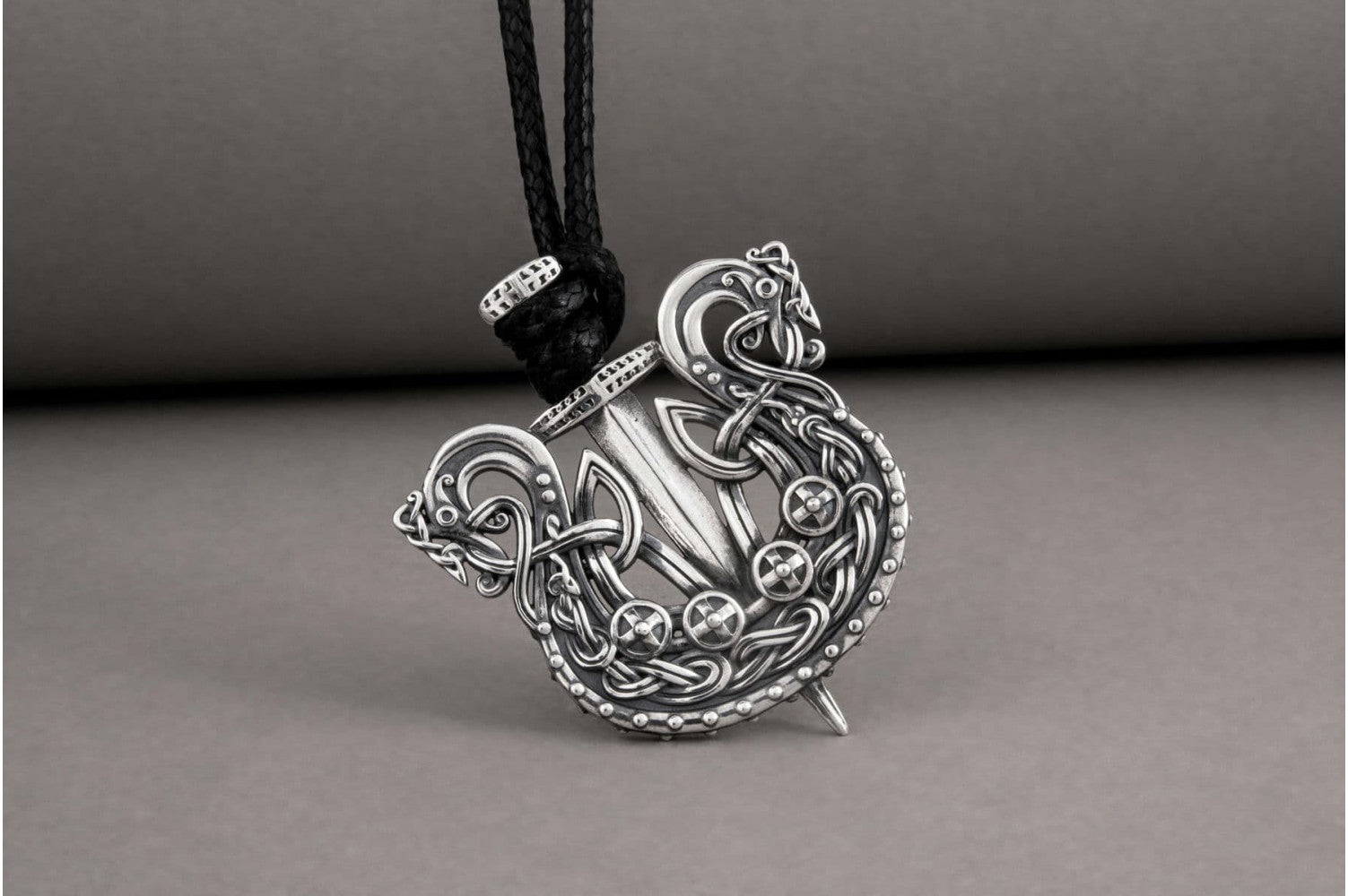 Unique Viking Drakkar with sword pendant, handmade sterling silver jewelry - vikingworkshop