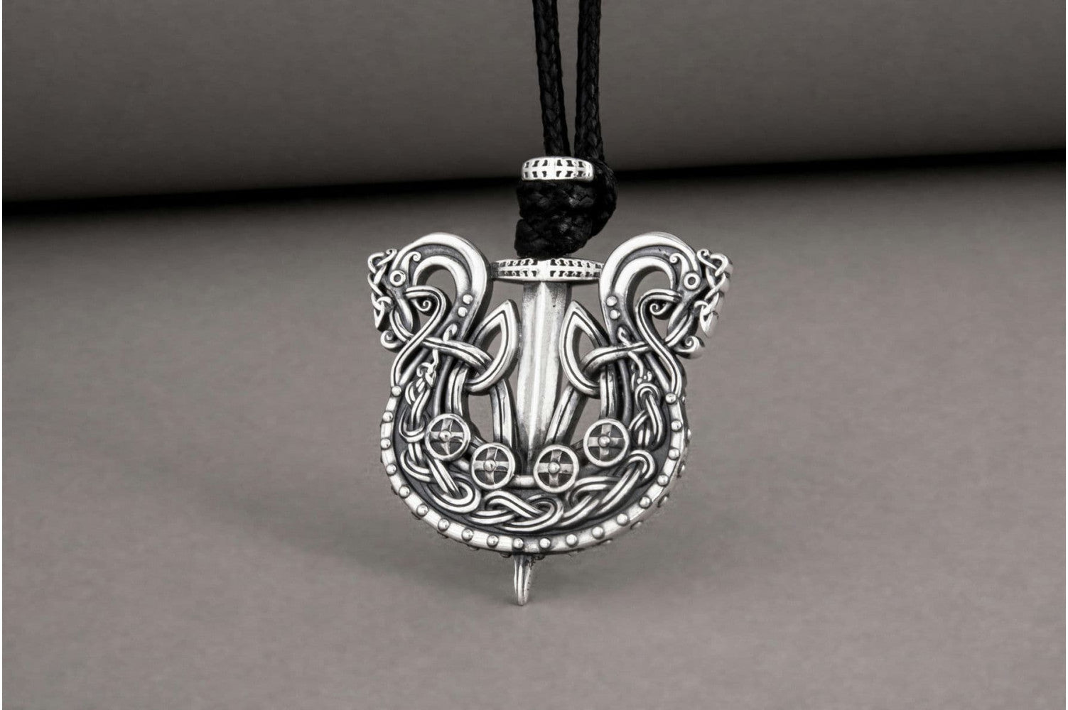 Unique Viking Drakkar with sword pendant, handmade sterling silver jewelry - vikingworkshop