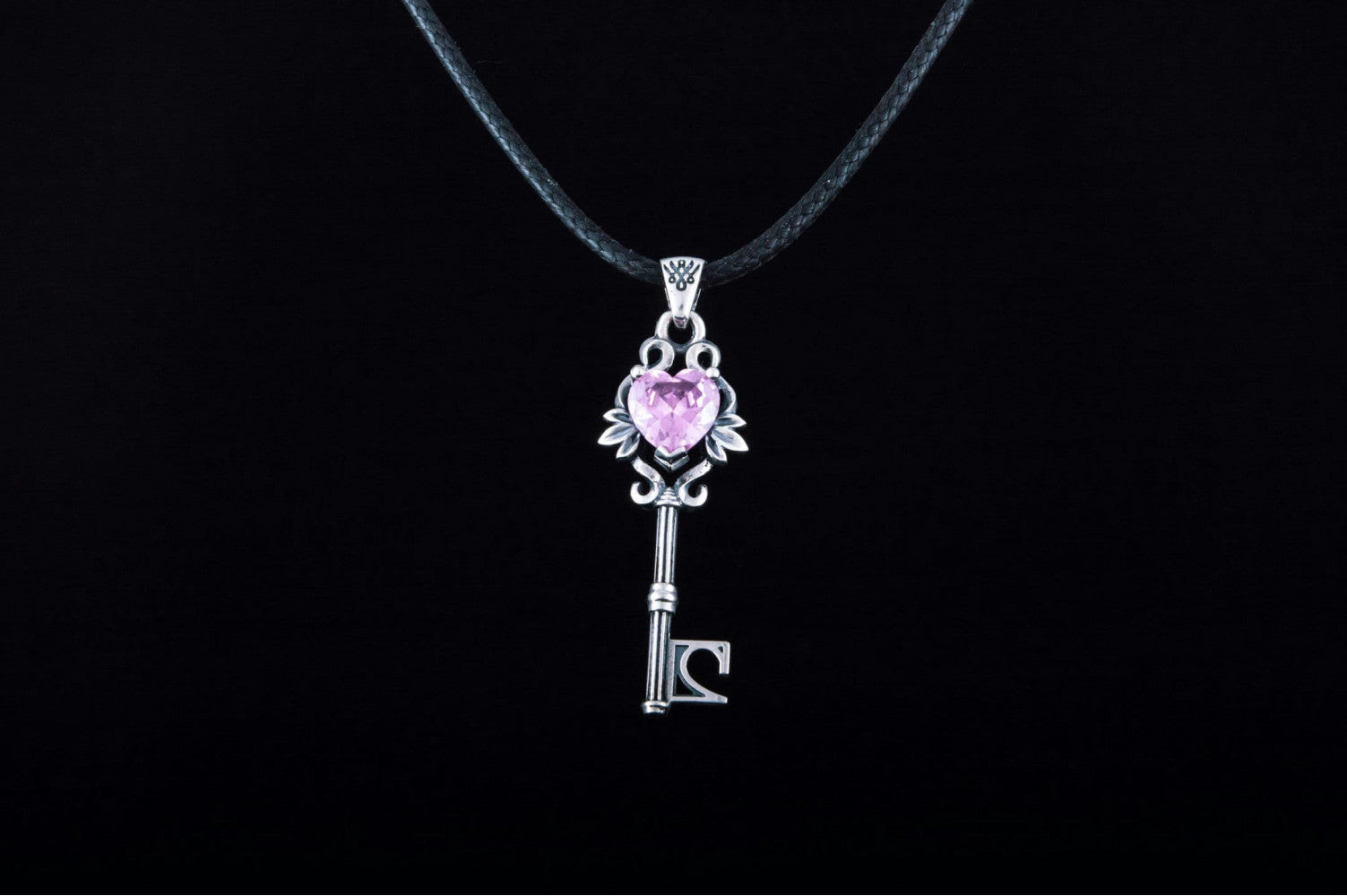 Key Pendant with Pink Gem Sterling Silver Jewelry - vikingworkshop