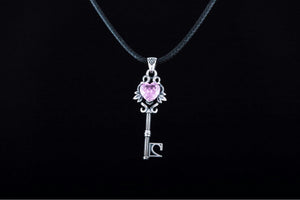 Key Pendant with Pink Gem Sterling Silver Jewelry - vikingworkshop